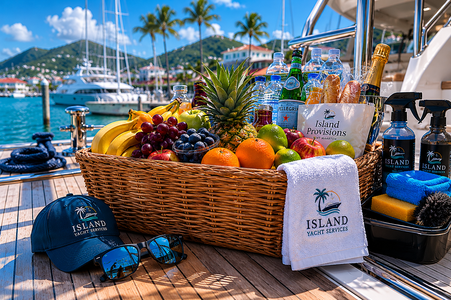 Provisioning basket and yacht care supplies prepared aboard a yacht in Sint Maarten.