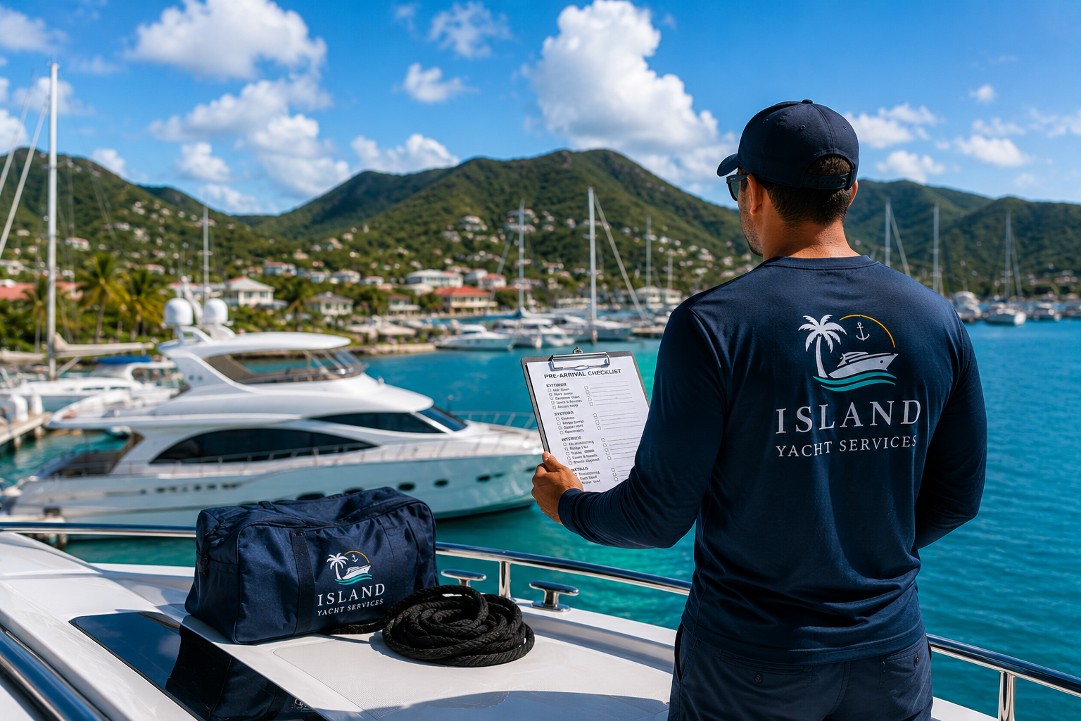 Island Yacht Care crew member checking systems at the helm of a yacht.