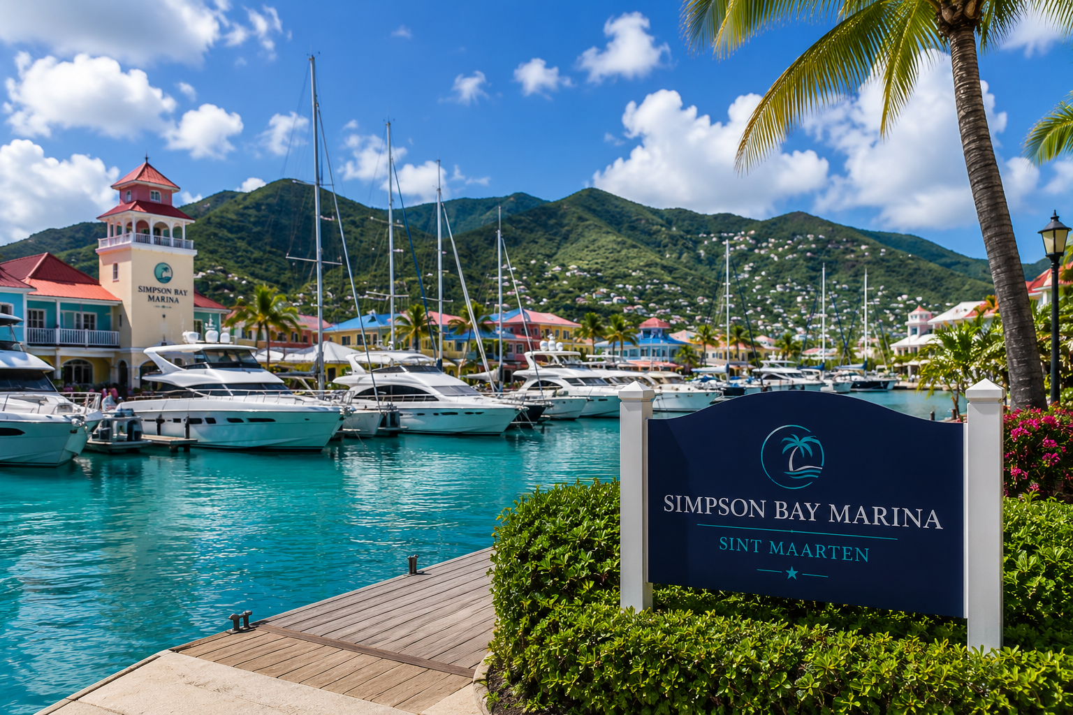 Luxury yacht docked in Sint Maarten with turquoise water and green hills.