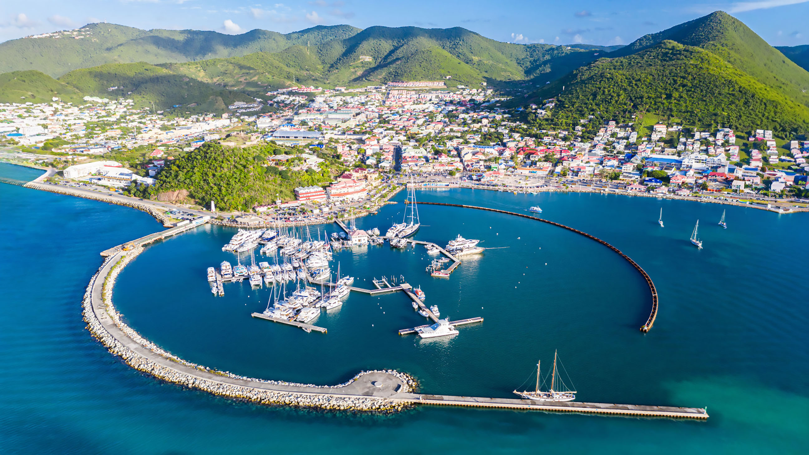 Aerial view of Marina Fort Louis and Marigot, the capital of Saint Martin.