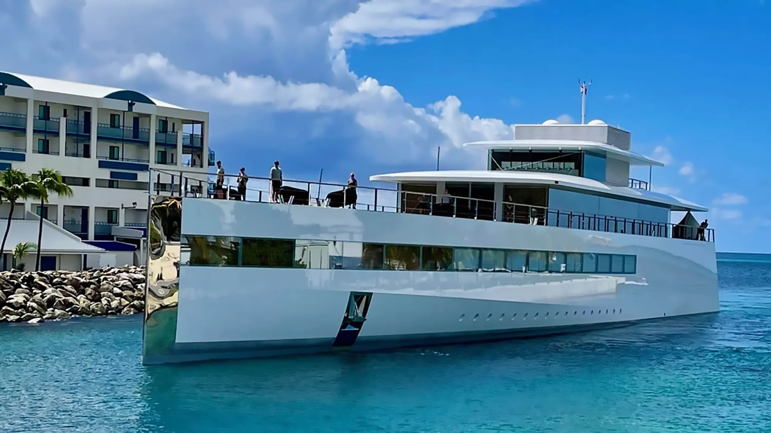 Superyacht passing through the Simpson Bay Bridge in Sint Maarten.