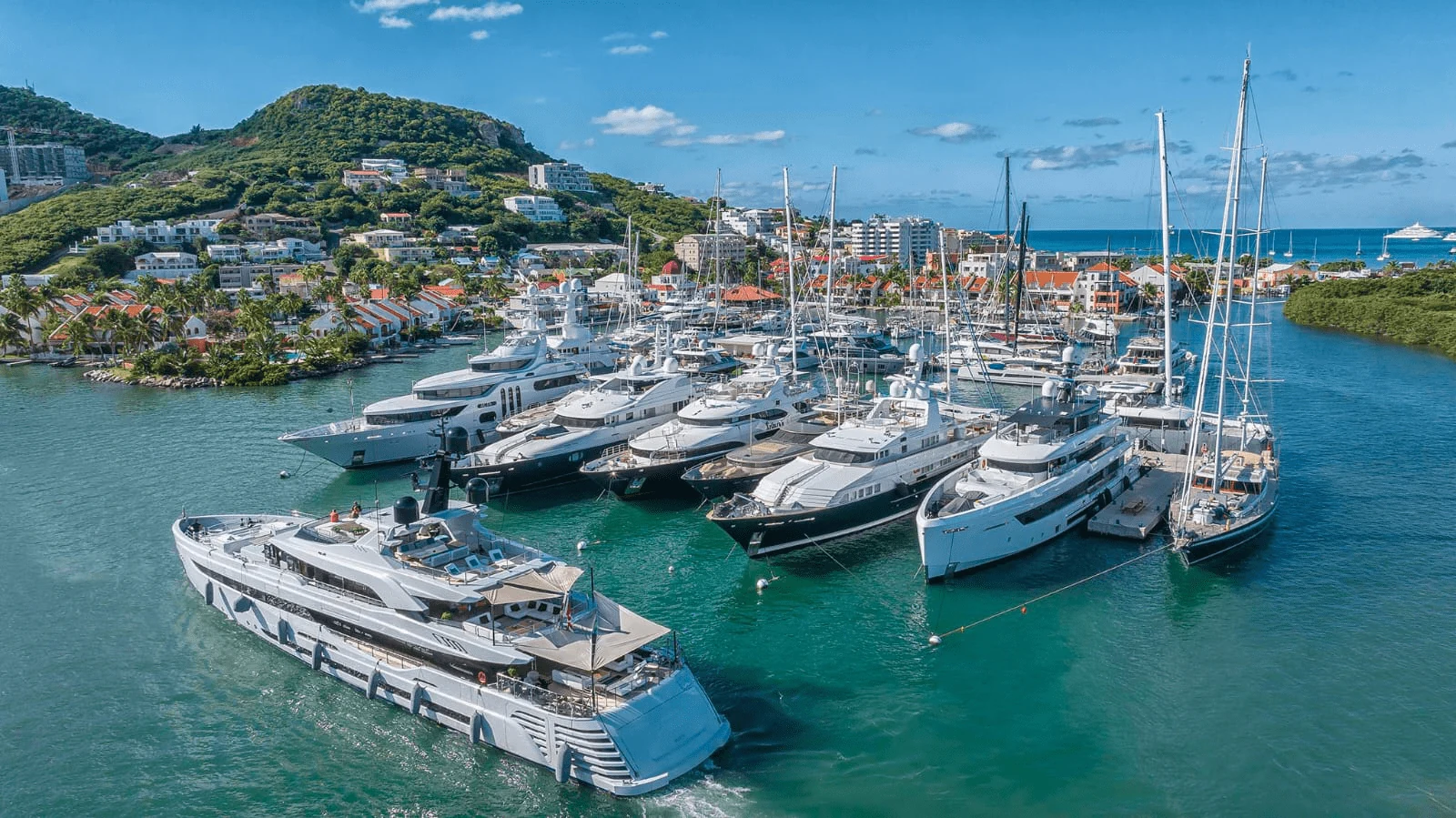 Aerial view of superyachts moored at Simpson Bay Marina in Sint Maarten.